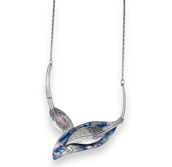 Silver fancy necklace with blue and pink leaves