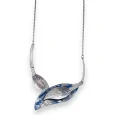 Collier fantaisie argenté feuilles bleu et rose