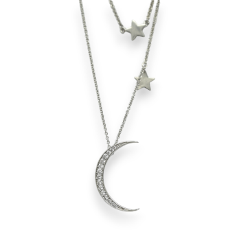 Zweireihiger Silberner Fantasie-Halsband mit Stern und Mond