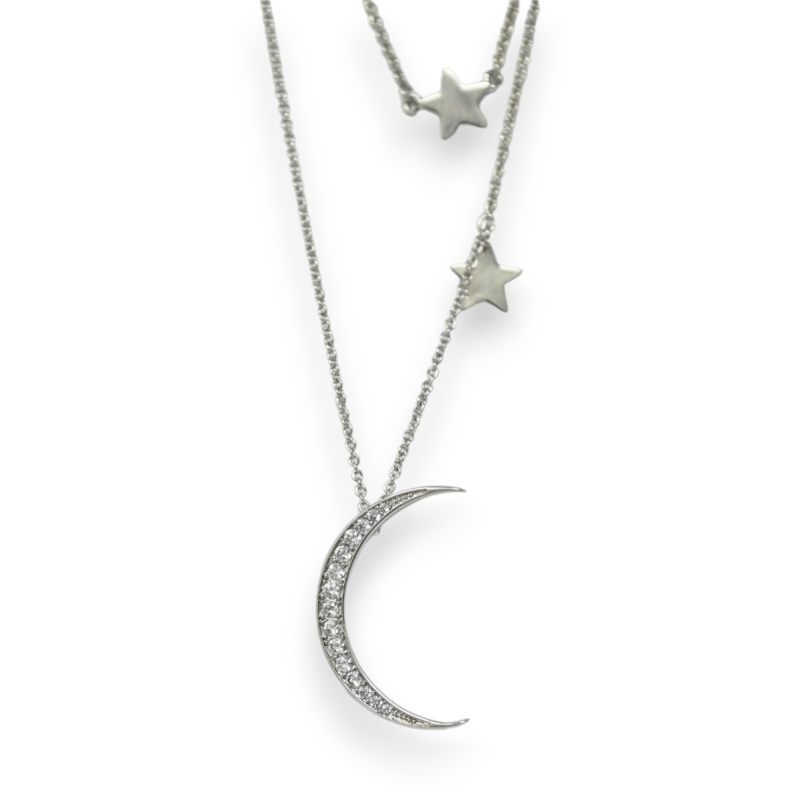 Zweireihiger Silberner Fantasie-Halsband mit Stern und Mond
