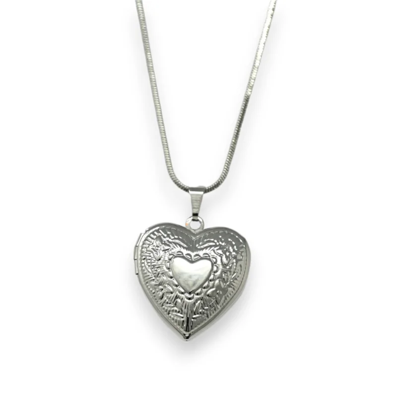 Silver plated fancy necklace with a heart shaped locket that opens