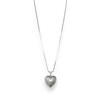 Silver plated fancy necklace with a heart shaped locket that opens