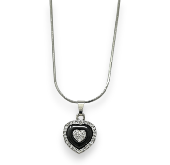 Silver fantasy necklace with black ceramic rhinestone heart