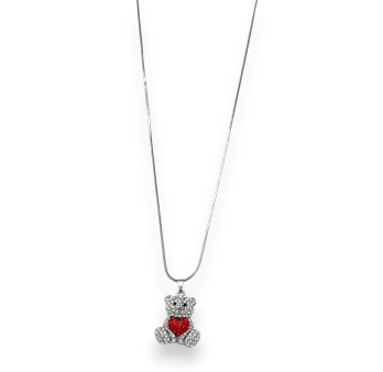 Silver teddy bear heart red fancy necklace