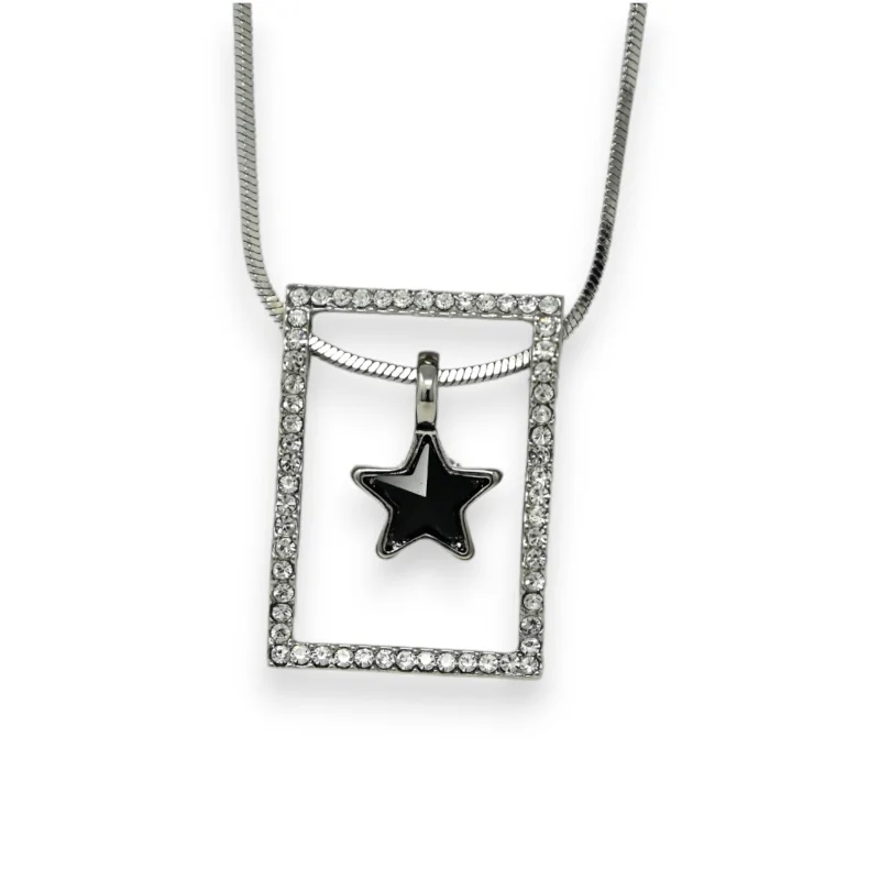 Collier fantaisie long argenté forme géométrie étoile noire