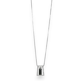 Fancy silver-coloured long necklace with geometric shape and rhinestones