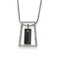 Fancy silver-coloured long necklace with geometric shape and rhinestones