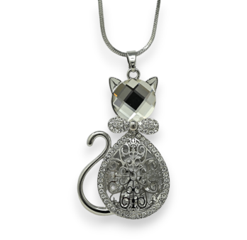 Collana fantasiosa lunga in argento con gatto, pietra e strass bianchi