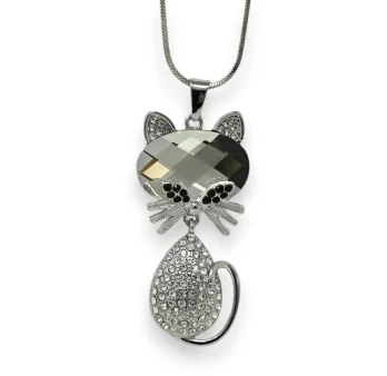 Collana fantasia lunga gatto strass bianco e pietra grigia