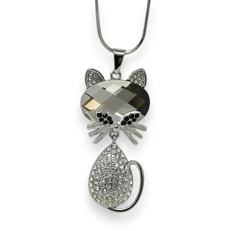 Collier fantaisie long chat strass blanc et pierre grise