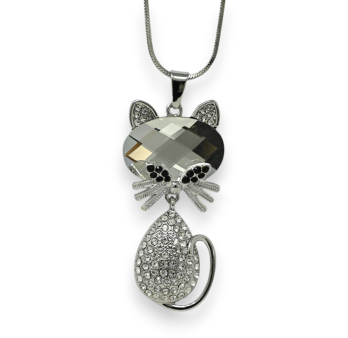 Collier long chat strass et pierre blanche