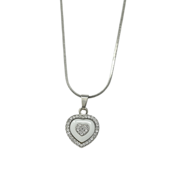 Silver fancy necklace with a white ceramic rhinestone heart