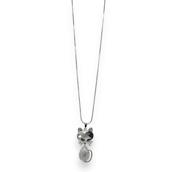 Collier long chat strass et pierre blanche
