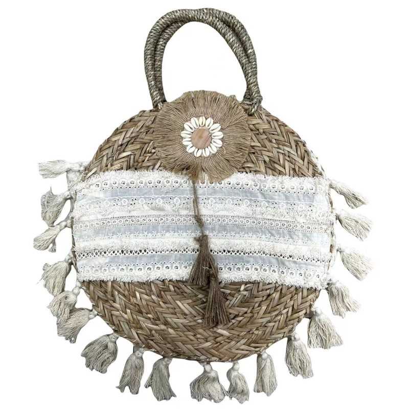 Bohemian Round Basket Bag with Lace and Pom Poms