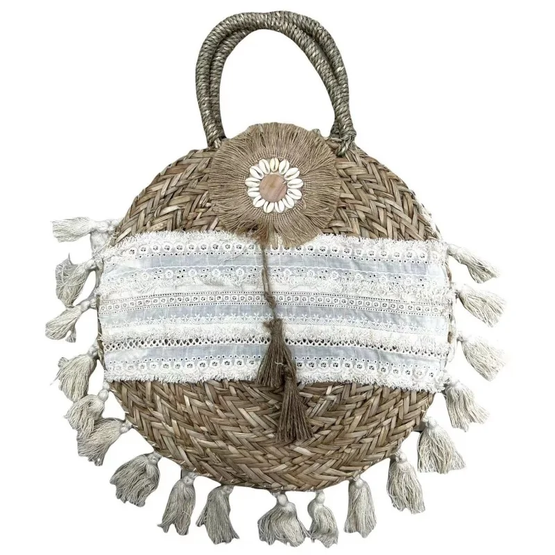 Borsa Tonda a Rete con Pizzo e Pompon Boho