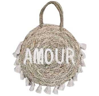 Round basket bag with lace and love pompoms