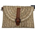 Brown faux leather buckle clasp straw shoulder bag