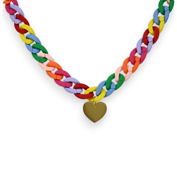 Fancy plastic multicolored chain necklace with a golden heart
