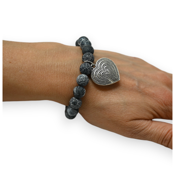 Bracelet pierres gris anthracite breloque médaillon coeur argenté