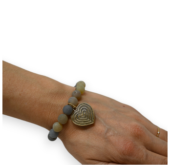 Beige and gray stones bracelet with golden heart medallion charm