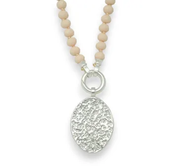 Fantasy necklace nude pearls brushed silver medallion