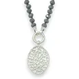 Fancy necklace with shiny grey pearls and brushed silver medallion