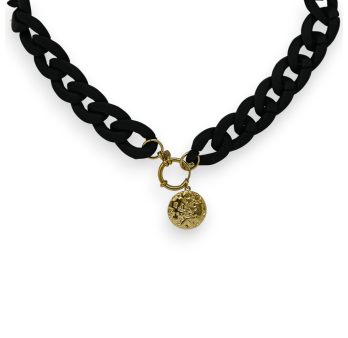 Fantasy necklace black resin chain golden carved medallion