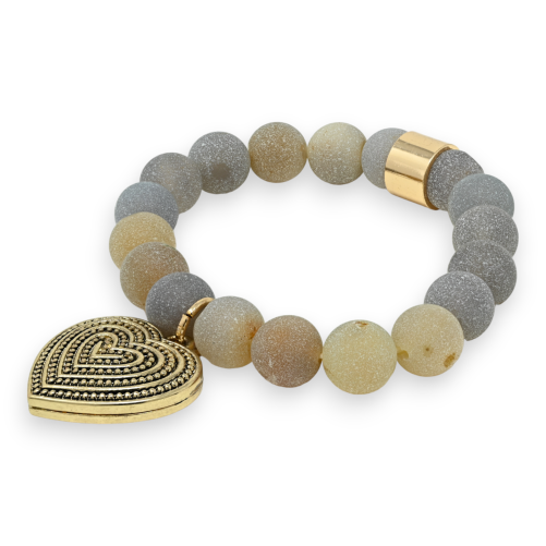 Beige and gray stones bracelet with golden heart medallion charm