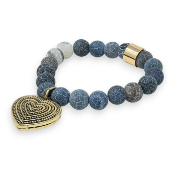 Anthracite gray stone bracelet with gold heart medallion charm