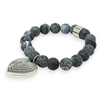 Anthracite grey stone bracelet with a silver medallion heart charm