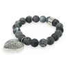 Pulsera de piedras gris antracita con colgante de medallón corazón plateado