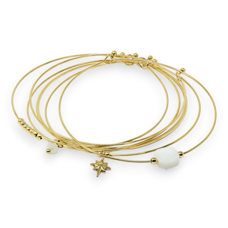 Gold-plated steel bangle bracelet with 7 White Jade stone bracelets