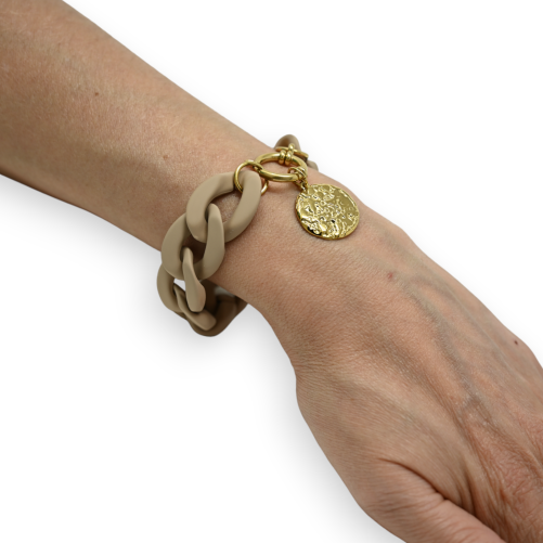 Taupe bracelet with large resin chain and golden medallion