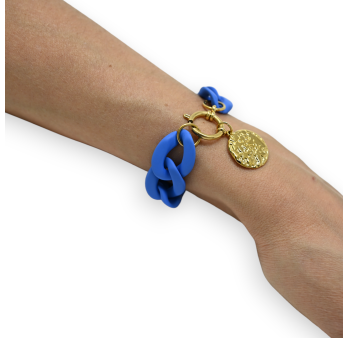 Bracelet bleu roi grosse chaine résine médaillon doré