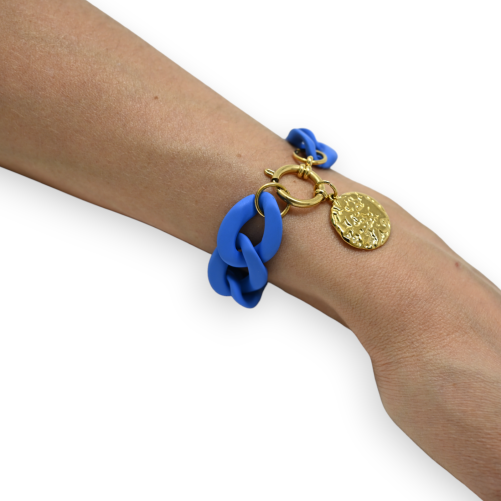 Royal blue bracelet, large resin chain, golden medallion