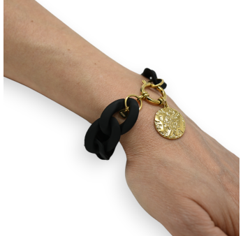 Bracelet noir grosse chaine résine médaillon doré