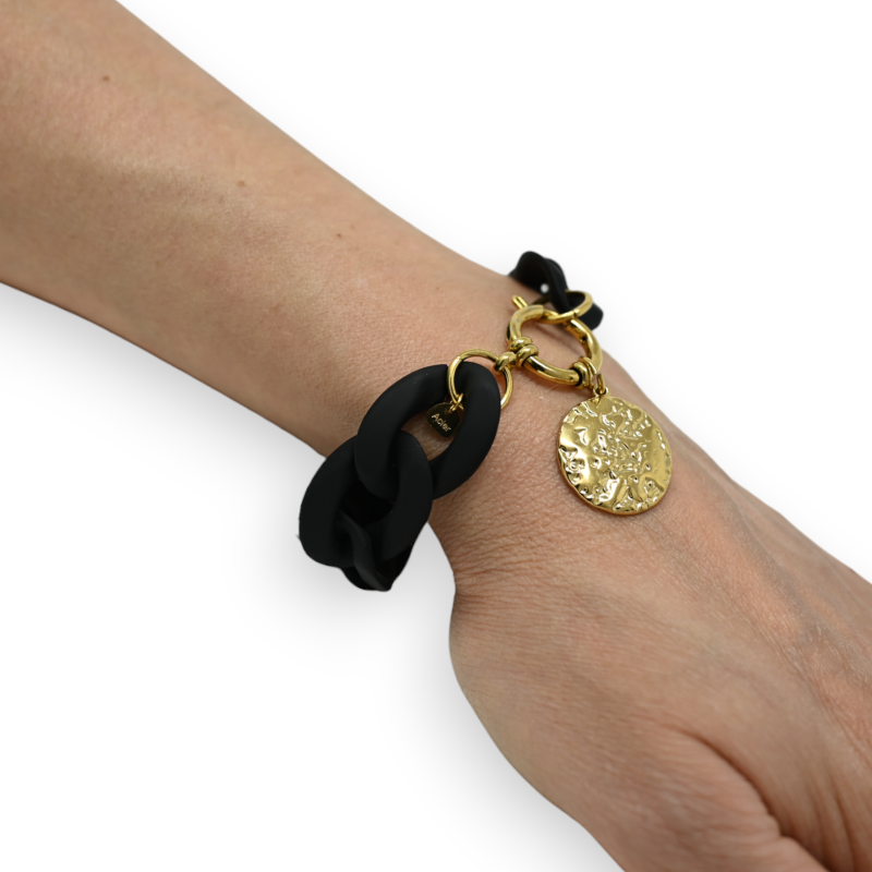 Black bracelet large chain resin gold medallion