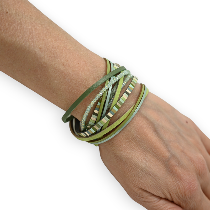 Double-wrap bracelet in shades of green and beads