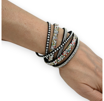 Double wrap black bracelet with multicolored rhinestones