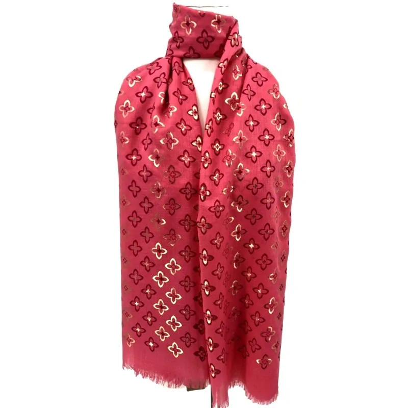 Foulard fin fuchsia imprimé fleurs dorées