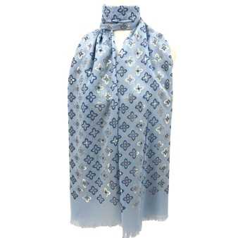 Thin sky blue scarf with golden flower print
