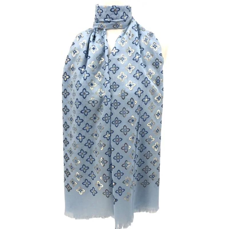 Foulard sottile color cielo blu con stampe di fiori dorati