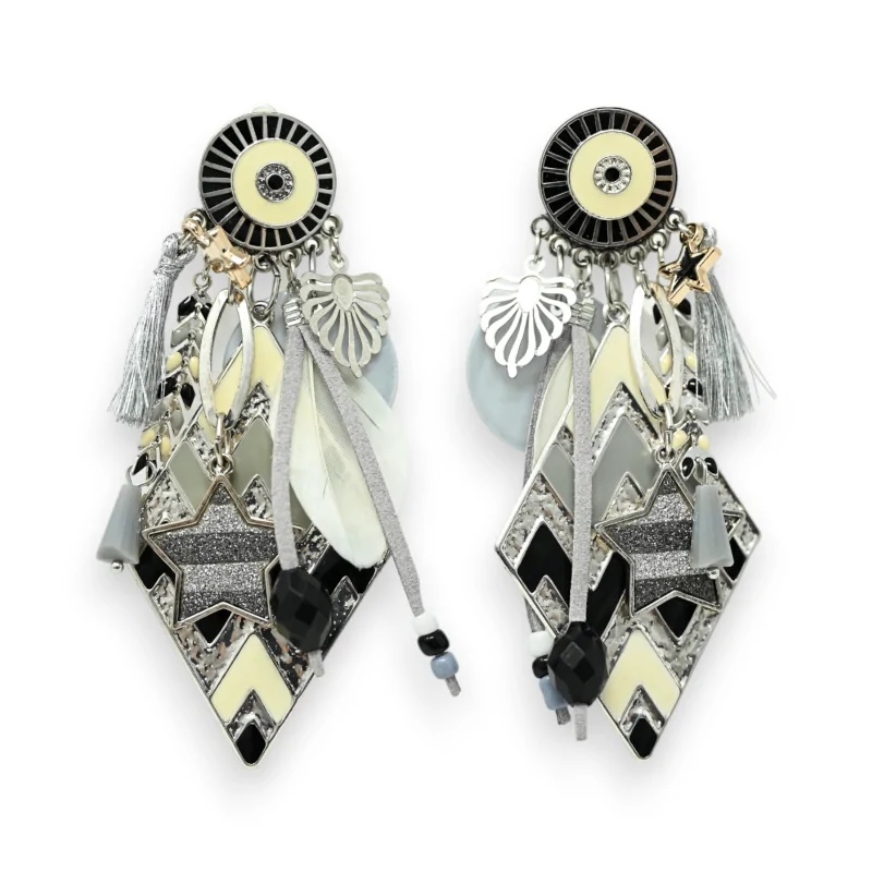 Pendientes con clip de medallón de diamante zig zag negro y gris