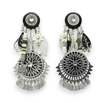 Bohemian black and white clip earrings