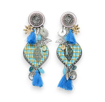 Clip-on earrings turquoise blue gingham heart