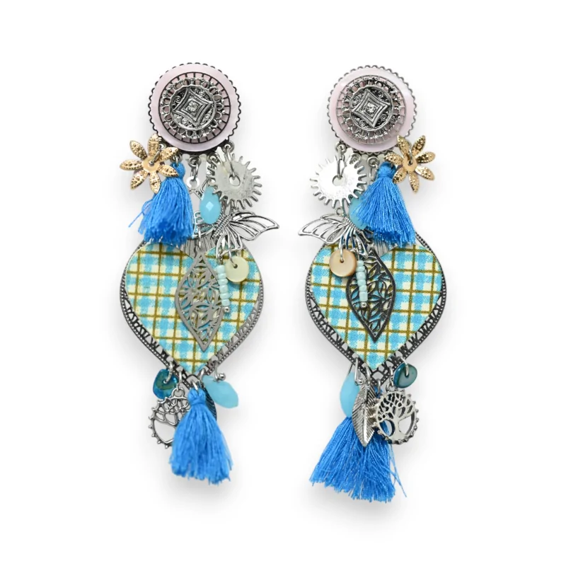 Clip-on heart earrings blue turquoise gingham