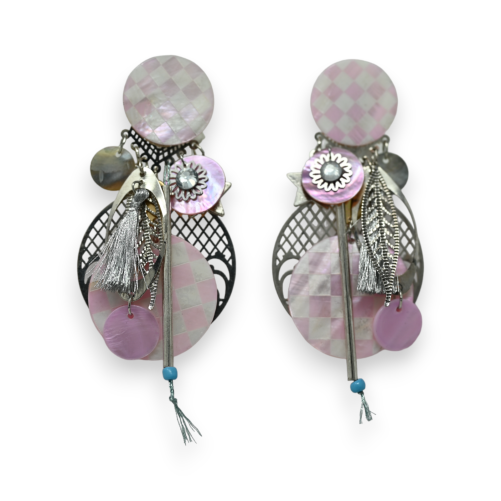 Clip-Ohrringe mit rosa und weißem Perlmutt-Schachbrettmuster
