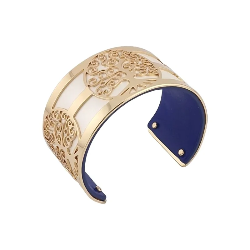 Gold Tree of Life Cuff Bracelet with White and Navy Blue Faux Leather