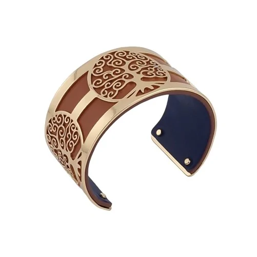 Gold-plated Tree of Life Cuff Bracelet with Camel and Navy Blue Faux Leather