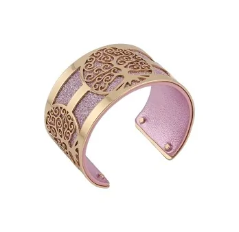 Golden Tree of Life Cuff Bracelet, Simulated Leather with Glitter and Shiny Pink